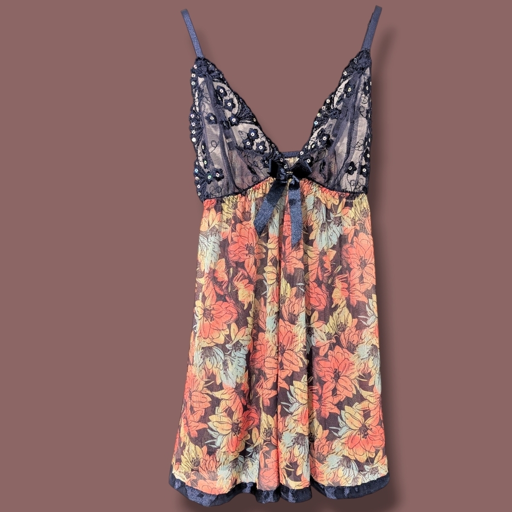 Blue Pink Colorful Floral Sheer Lace Sequin Babydoll Chemise M